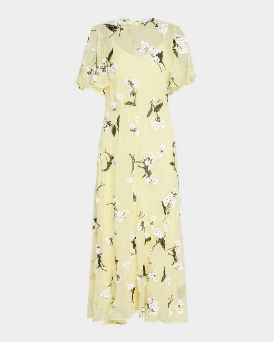 Floral Embroidered Flutter-Sleeve Midi Cocktail Dress